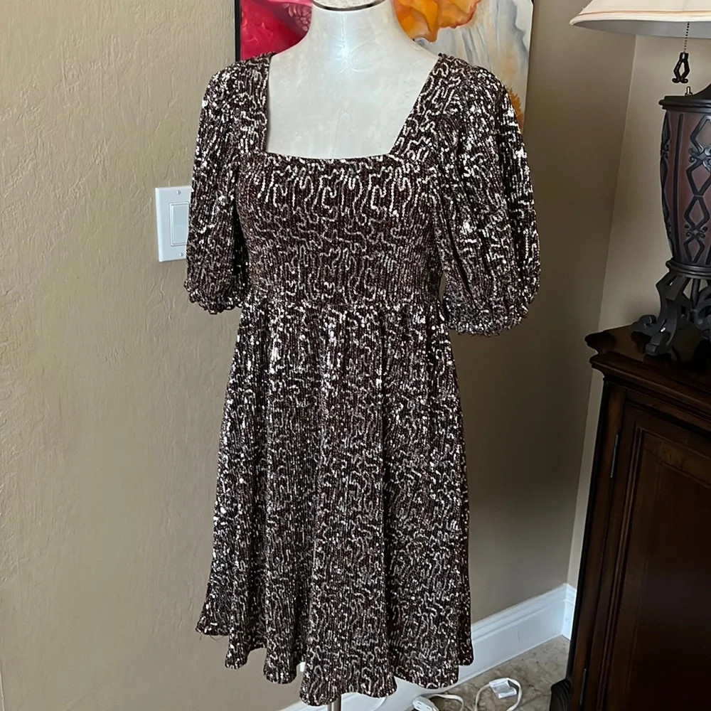 Moon River Anthropologie Womens Sequin babydoll cocktail dress square neck …
